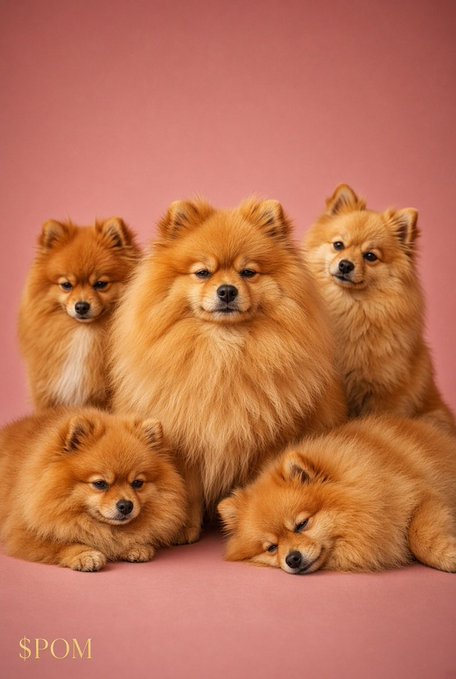Five fluffy Pomeranian dogs posed together against a solid pink background, with the watermark 'SPOM' in the lower left corner.