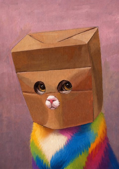 A surreal painting of a cat whose head is covered by a brown paper bag with cut-out eyes, wearing a brightly colored rainbow fur coat.