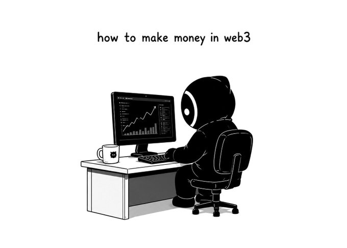 A minimalist black and white illustration titled 'how to make money in web3' shows a hooded figure at a computer desk with an upward trending chart on the monitor.