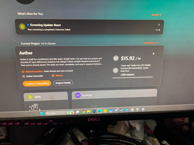 A computer monitor displaying a dashboard showing a 'Screening Update: React' notification with the outcome 'Failed', and a current project named 'Aether' offering '$15.92 / hr'.