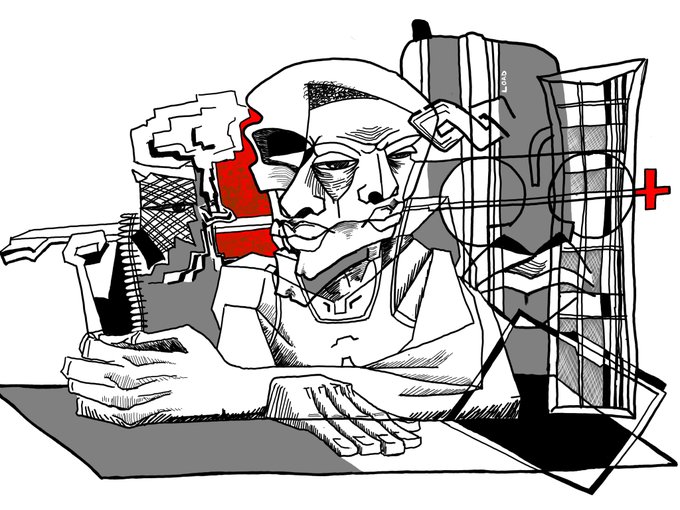 A cubist-style digital line drawing of a distorted face at a desk, rendered in black and white with red accents and abstract geometric shapes.
