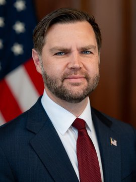 A portrait shows JD Vance, the current Vice President, wearing a dark suit with a red tie and an American flag pin, standing in front of an American flag. The image accompanies a post reporting that he has a 46% chance of being the 2028 Republican presidential nominee according to Kalshi prediction market data.