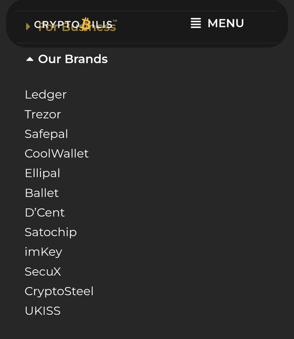 A website menu for CryptoBles displaying a list of cryptocurrency hardware wallet brands under 'Our Brands,' including Ledger, Trezor, Safepal, CoolWallet, Ellipal, Ballet, D'Cent, Satochip, imKey, SecuX, CryptoSteel, and UKISS.