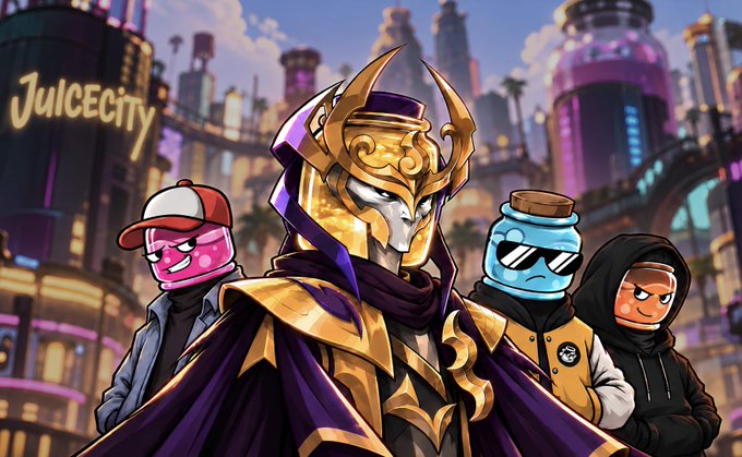 Digital artwork titled 'Juicecity' featuring an elaborate purple and gold masked figure in the foreground, flanked by three characters with bottle, jar, and milk carton heads, set against a vibrant futuristic cityscape.