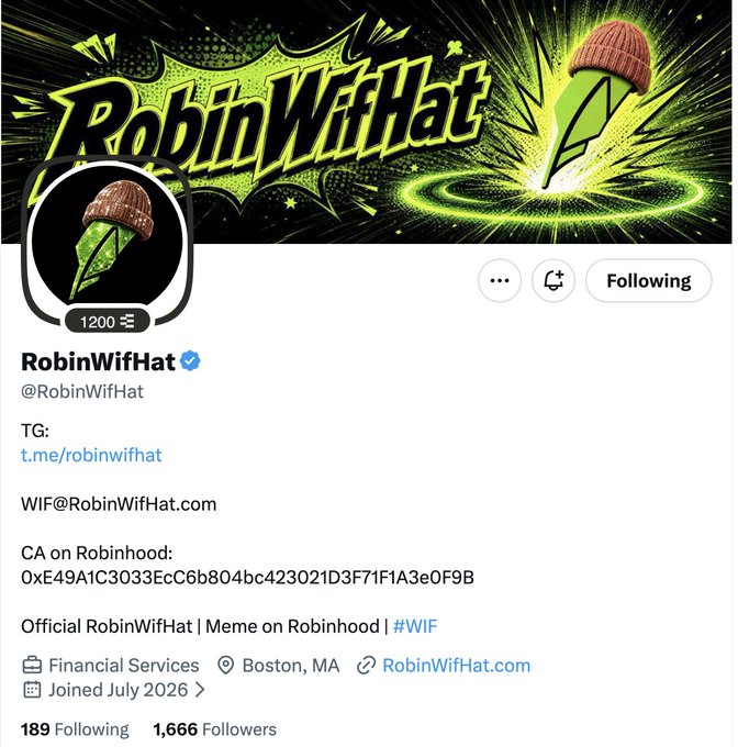 The image shows a Twitter/X profile page for "RobinWifHat" (@RobinWifHat) with a green and black banner featuring a Robin Hood-style figure wearing a green hat, displaying 1,666 followers, contact info (t.me/robinwifhat, WIF@RobinWifHat.com), and a contract address on Robinhood.

The profile header reinforces the post's branding for RobinWifHat, the memecoin launching its NFT collection on Robinhood, showcasing the official account where the 2,222-supply NFT drop and token details are being promoted.