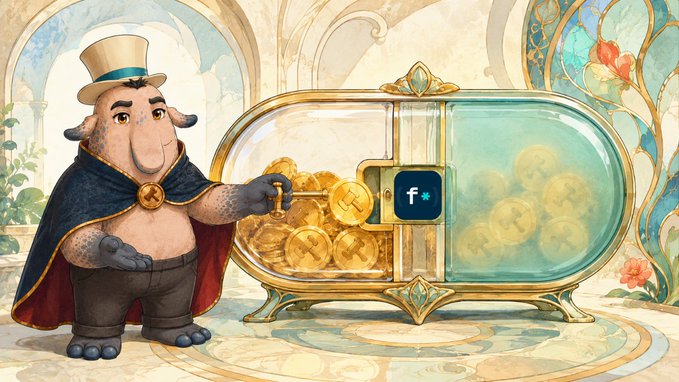 An illustrated furry character in a top hat and cape stands next to a glass treasure chest filled with gold coins, with a central lock displaying an 'f*' logo.