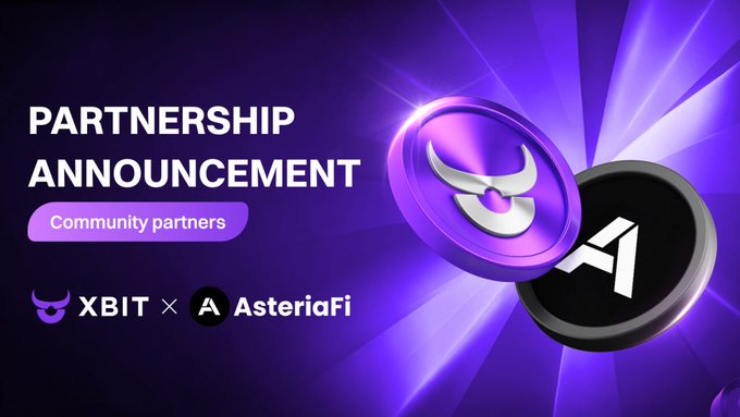 The image features a purple background with two coins floating above it - one silver coin and one black coin. The text "Partnership Announcement" is written at the top of the image, followed by "Community partners". Below this, there are three bullet points that read "XBITDEX × @AsteriaFi_HQ Excited to partner with AsteriaFi", "powered by AST and USDa", and "focus on what is in the image and how it relates to the post".