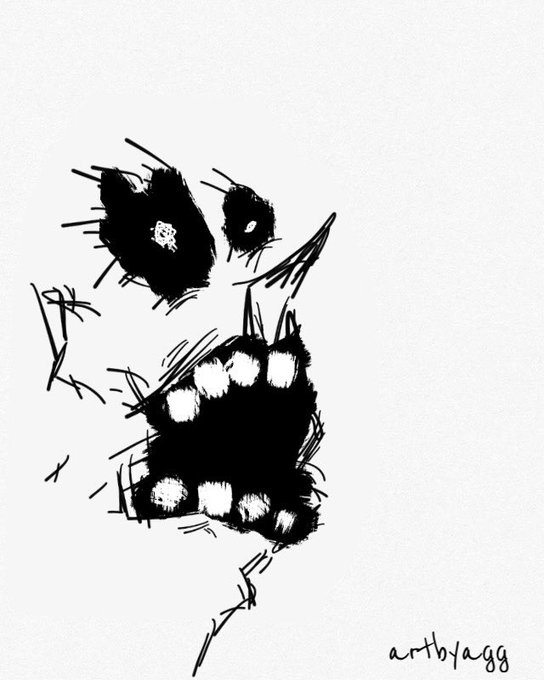 A black ink drawing of a distressed face with hollow eyes and a wide, toothy grimace, signed 'artbyagg' in the corner.