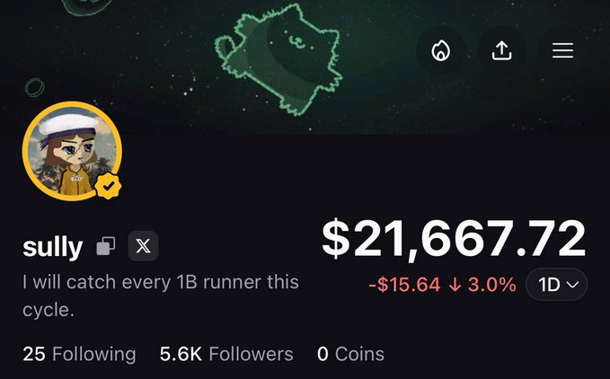 A pump.fun profile for trader "sully" (@sully), boasting 5.6K followers alongside a portfolio value of $21,667.72 that's down 3% (-$15.64) over 1D. The image illustrates the social metrics and trading portfolio referenced in the post about finding trends early and positioning in SocialFi.