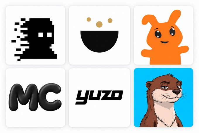 A grid of six app icons or logos, including a pixelated Pac-Man-like ghost, a smiling face, an orange character, 'MC', 'yuzo', and an otter illustration.