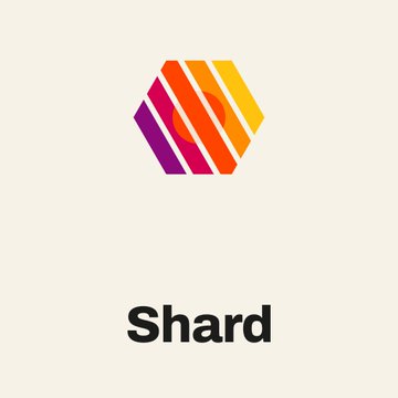 A minimalist logo design featuring a hexagonal shape composed of colorful vertical stripes (yellow, orange, red, pink, purple) above the text 'Shard' on a cream background.
