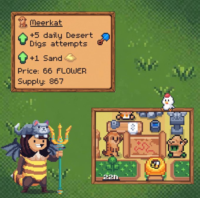 A pixel art game screenshot showing a character with a cat-eared hat and trident next to an info panel for a 'Meerkat' NFT offering +5 daily Desert Digs attempts and +1 Sand for 66 FLOWER.