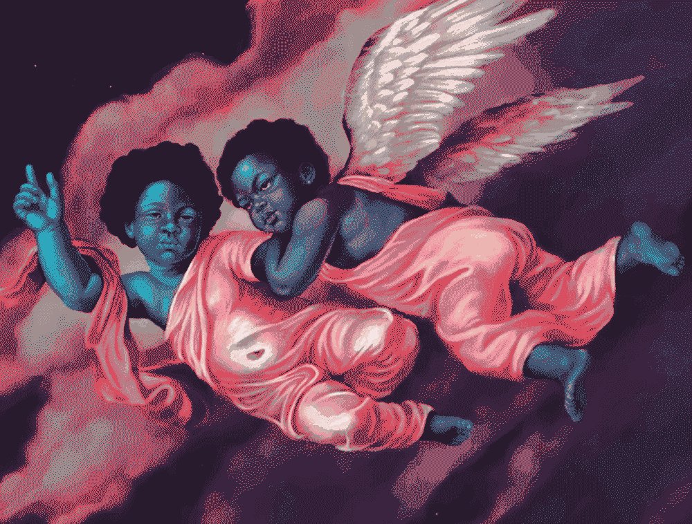 The image features two cherubs, each wearing a pink robe with white wings, floating in space against a purple background. The cherubs are positioned close together, creating an interesting visual effect. The caption of the image reads "First bid is in!!! Thank you @WAPSHOP_ETH for setting this off!".
