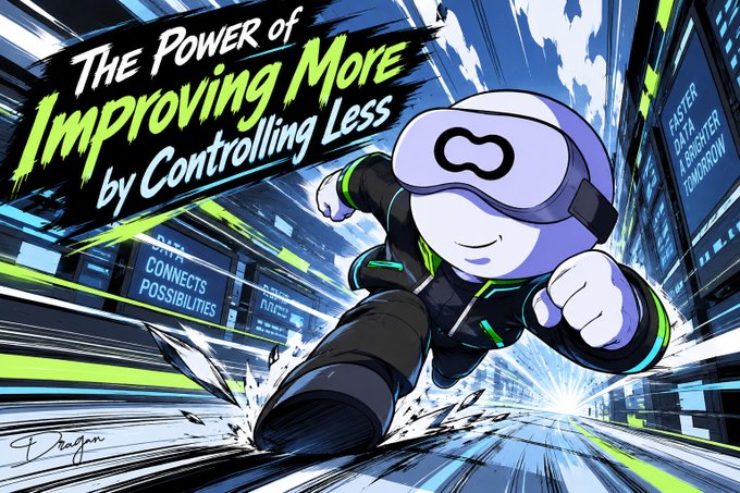 An anime-style illustration shows a character in futuristic gear sprinting forward, with bold text reading 'The Power of Improving More by Controlling Less' and smaller labels like 'CONNECTS POSSIBILITIES' and 'FASTER DATA & BRIGHTER TOMORROW'.
