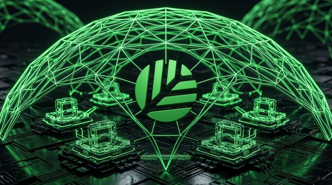 A futuristic green digital graphic featuring a wireframe dome structure over a circuit board, with a circular leaf-like logo in the center and small server or hardware units below.