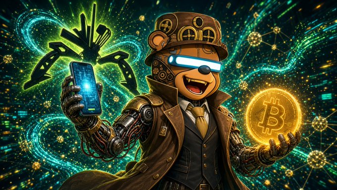 A vibrant digital illustration of a steampunk-style bear character wearing a top hat and glowing goggles, holding a glowing smartphone in one hand and a Bitcoin coin in the other, with a drone hovering nearby.