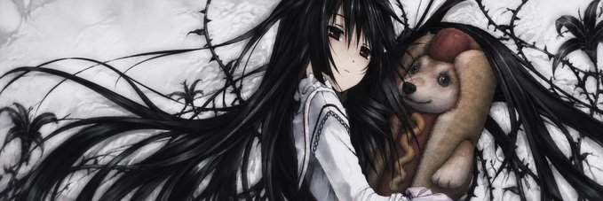 An anime-style illustration depicting a long-haired girl with a somber expression lying down while holding a worn teddy bear, surrounded by thorny vines against a pale background.
