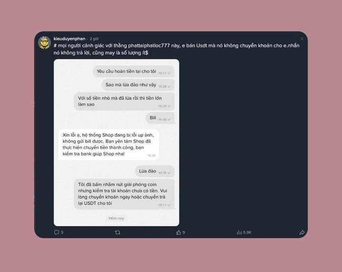 The image shows a Binance P2P chat screenshot warning about a scammer using the username "phattaiphatloc777," where the buyer "Bill" attempted to trick the seller into releasing $310 USDT before receiving payment. The conversation reveals the classic P2P scam pattern: the buyer claimed they had transferred the money, urged the seller to release the funds, and then stopped responding once the USDT was unlocked—exactly as the post by "kieuduyenphan" describes.