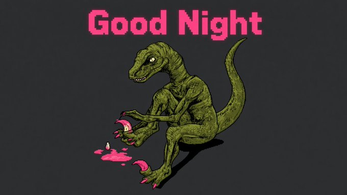 A pixel art illustration shows a green reptilian creature holding and eating pink fruit, with the text 'Good Night' above it.