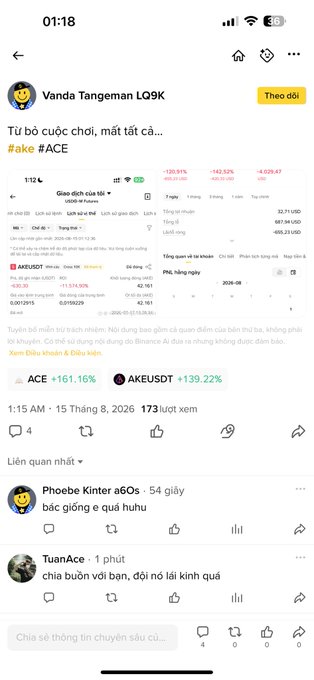 A Vietnamese-language X/Twitter post from user 'Vanda Tangeman LQ9K' discussing stock/coin trading, mentioning tickers AKEUSDT (+161.16%) and AKEUSDT (+139.22%) with comments from users Phoebe Kinter and TuanAce.