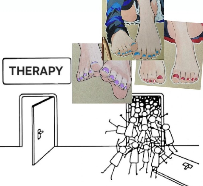 An open door labeled "THERAPY" leads to a crowd of stick figures eagerly approaching, while a collage of illustrated feet with colorful pedicures (blue, purple, and red toenails) hovers above. The image humorously suggests that "$TOESCOIN is everywhere"—even in toe-related therapy and pedicure trends.