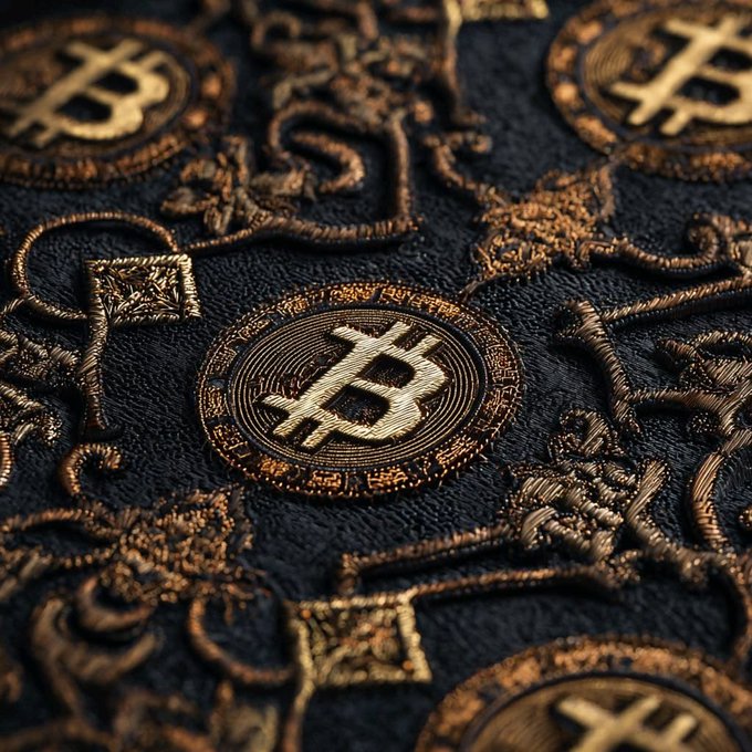 A close-up of a black leather surface with gold embossed Bitcoin symbols, keys, and locks.