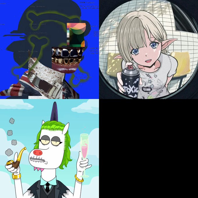 A collage of three distinct images: a distorted figure with teeth on a blue background, an anime character with elf-like ears holding a spray paint can, and a cartoon unicorn-headed character smoking and holding a champagne glass.