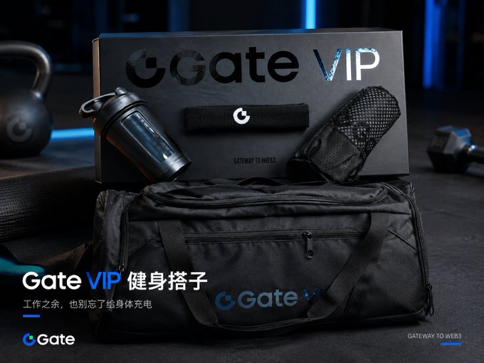 A promotional image showcases a Gate VIP gym bag set featuring a black duffel bag, shaker bottle, towel, and gloves, with text reading 'Gate VIP 健身搭子' and '工作之余，也别忘了给身体充电'.