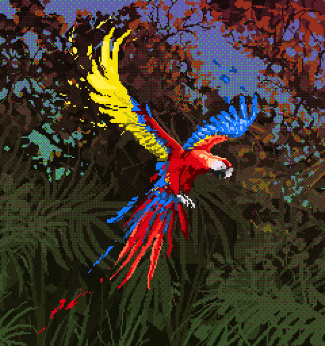 A pixel art image depicts a vibrantly colored parrot with red, yellow, and blue plumage flying through a lush jungle setting.