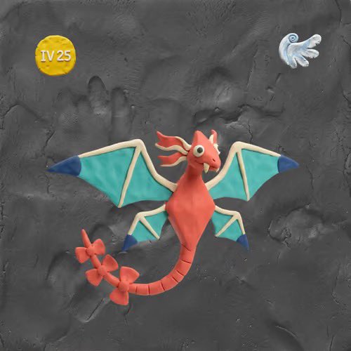 A 3D-rendered red dragon character with teal wings, set against a textured gray background with 'IV 25' displayed in a yellow circle.
