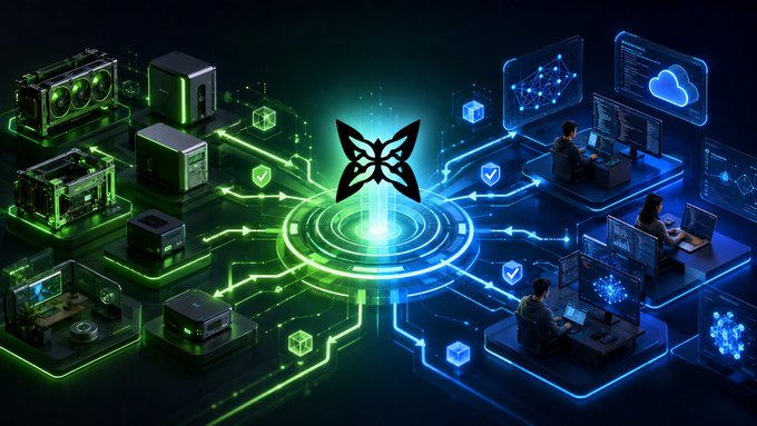 A digital illustration depicts the Quip Network ecosystem, featuring a glowing butterfly-shaped logo at the center, connected via circuit-like pathways to green-lit hardware components (CPUs, GPUs, servers) on the left and blue-lit cloud computing nodes and remote workers on the right. The visual symbolizes Quip's marketplace model, linking suppliers with spare computing capacity to demand-side users with problems that need solving.