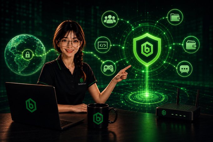 A woman wearing glasses points toward a glowing green digital shield icon, surrounded by interconnected symbols for users, code, gaming, and networking, with a laptop and router on her desk.