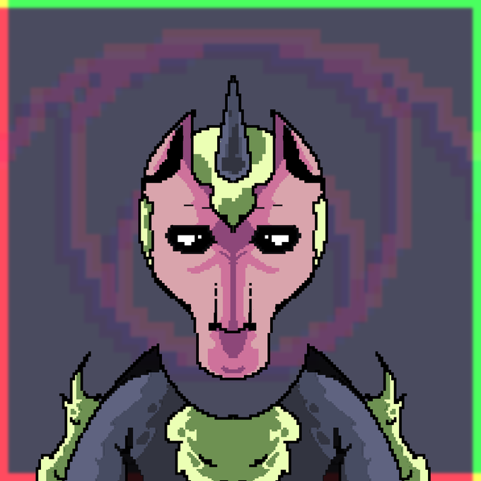 A pixel-art portrait of a pink-skinned, horned demonic figure with a green crest and dark robes against a purple geometric background. The image serves as the visual identity for an NFT-style art collection called "Encoding 1×1 square matrix final maths," featuring 200 encoded spots as referenced in the post.
