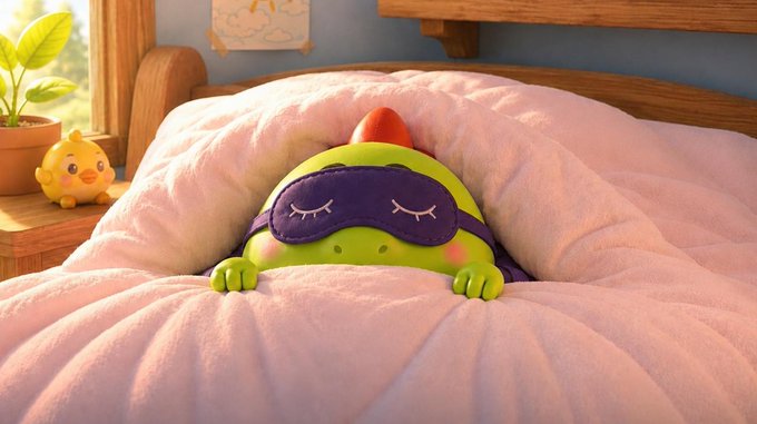 A cute, green cartoon dinosaur character wearing a purple sleep mask rests its head on a soft pink bed pillow.