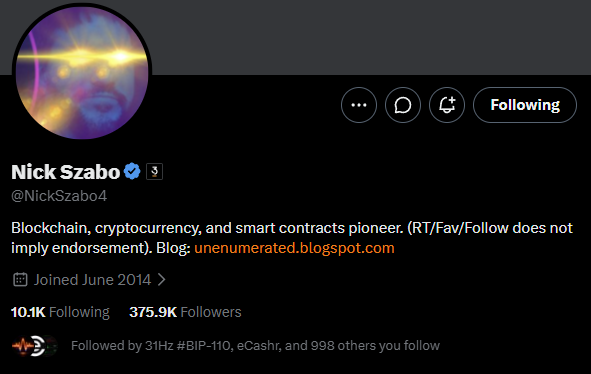 Twitter/X profile of Nick Szabo (@NickSzabo4), described as 'Blockchain, cryptocurrency, and smart contracts pioneer,' with 375.9K followers and a blog link to unenumerated.blogspot.com.