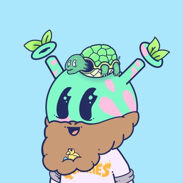 A cartoon character wearing a green hat with a turtle on top and green leaf-like accents, set against a solid light blue background.