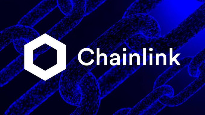 The Chainlink logo, featuring a white hexagonal icon next to the word 'Chainlink', displayed over a blue background with a chain pattern.