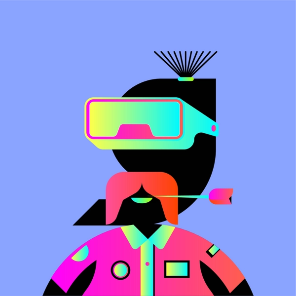 A stylized, neon-colored digital illustration depicts a character with red hair wearing a VR headset and a futuristic pink shirt, with an arrow piercing through the design. The vibrant, cyberpunk aesthetic aligns with the NFT launch announcement for "INK" on OpenSea, visually representing the immersive, digital-art theme of the collection.