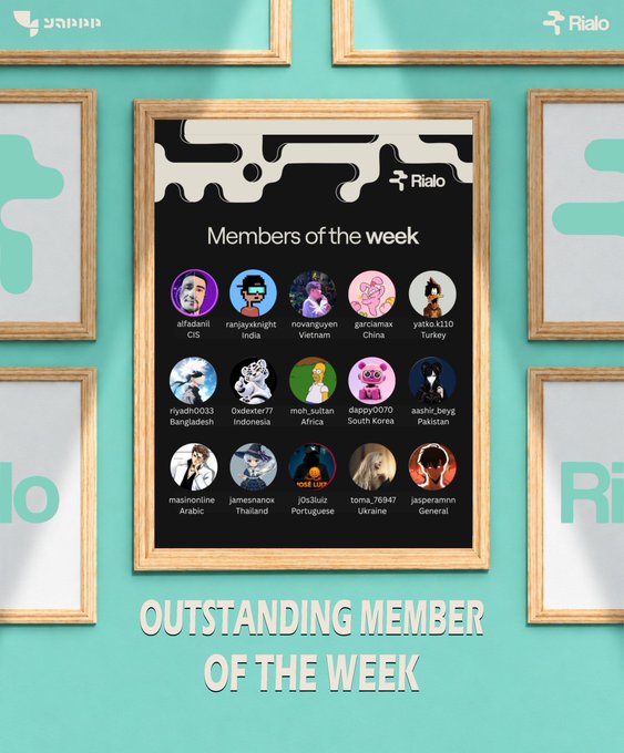 A promotional graphic titled 'Members of the week' featuring 15 user avatars arranged in a grid, each labeled with a username and country (e.g., alfadani CIS, ranjayknight India). The text 'OUTSTANDING MEMBER OF THE WEEK' appears at the bottom with Rialo and Yappa logos.