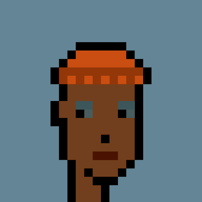 A pixel art portrait of a dark-skinned character wearing an orange headband against a blue background.