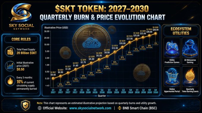 A chart titled "$SKT TOKEN: 2027-2030 QUARTERLY BURN & PRICE EVOLUTION CHART" by Sky Social Network, showing an illustrative price projection rising to $26.00 with core rules of 20 billion total fixed supply, $0.50 initial price, and 10% quarterly burns.