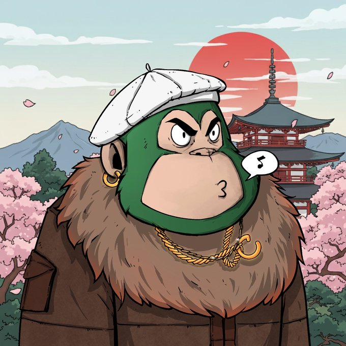 A cartoon illustration of an angry monkey character wearing a white beret, gold chain, and green face covering, set against a backdrop of a Japanese pagoda, cherry blossoms, and a red sun.