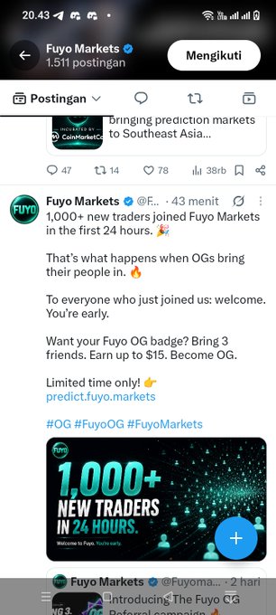 A Twitter/X post from Fuyo Markets (@Fuyomarkets) celebrating '1,000+ new traders joined Fuyo Markets in the first 24 hours' with hashtags #FuyoOG and #FuyoMarkets.