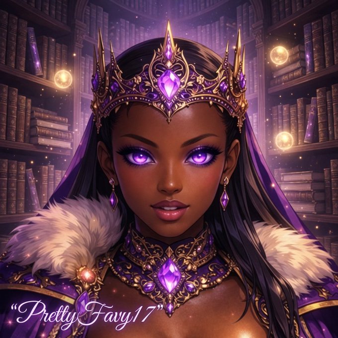A regal Black woman with glowing purple eyes, wearing an ornate gold and amethyst crown, matching jeweled necklace, and white fur-trimmed cloak, set against a mystical library of ancient books with floating golden orbs. The text "PrettyFavy17" appears in elegant script in the bottom left corner.

The image's portrayal of a powerful, royal figure evokes the storytelling and creator prestige the post highlights, with the crown and enchanted setting symbolizing the elevated status valued creators can achieve through platforms like Clasho that recognize content impact.