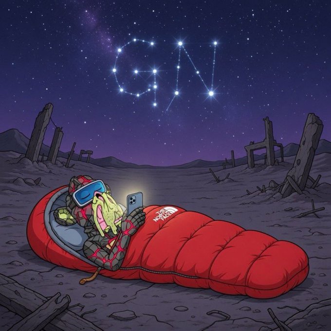 The image shows a cartoon creature wearing a VR-style headset, nestled in a red North Face sleeping bag and looking at a glowing smartphone, set against a desolate, post-apocalyptic landscape under a starry night sky where the stars form the letters "Gn" (goodnight). This whimsical scene ties into the post's "Sweet dreams mfers" sign-off, with the "Gn" constellation and sleeping figure playfully wishing the audience goodnight while noting $HASH pumping 25% and $DEXE dumping 57%.