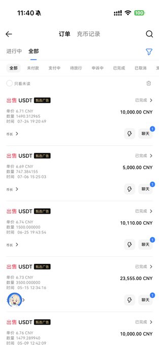 A Chinese cryptocurrency trading app screenshot showing sell orders for USDT with prices in CNY, displaying transactions of 10,000, 5,000, 10,110, 23,555, and 10,000 CNY with various commission rates around 6.7-7.3 CNY.