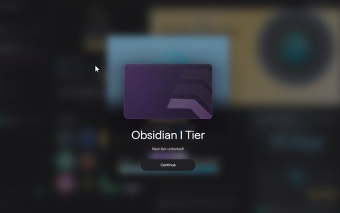 A digital screen displaying an 'Obsidian I Tier' unlocked notification with a 'Continue' button.