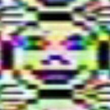 A heavily pixelated, low-resolution square image showing symmetrical patterns of green, pink, and black colors.