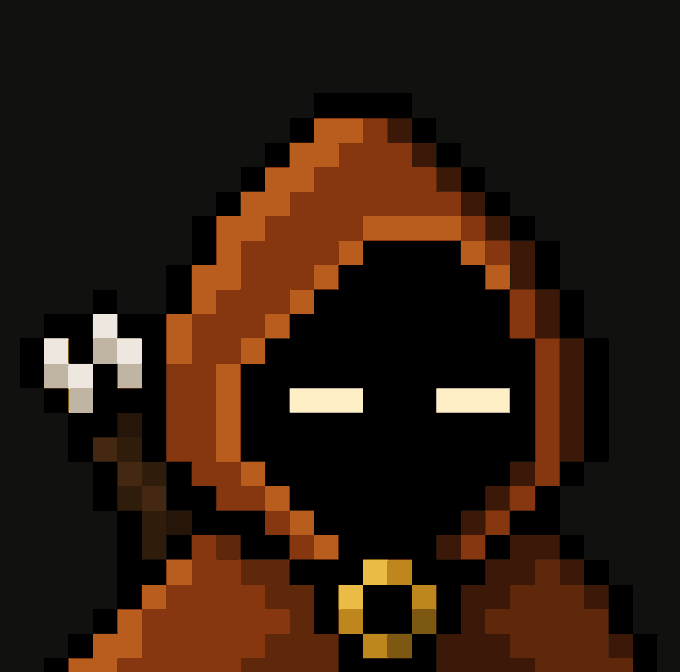 A pixel art sprite of a hooded figure with a black face, glowing eyes, and a brown robe holding a staff.