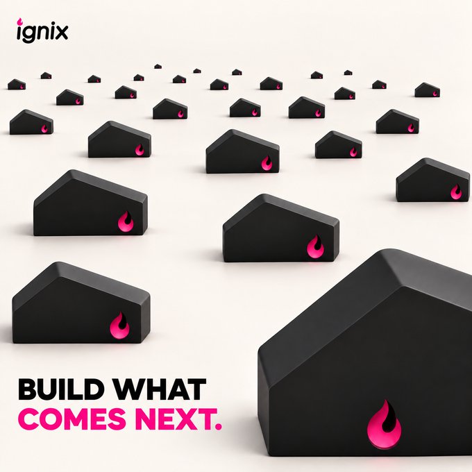 A promotional graphic for 'ignix' displays rows of black house-shaped icons with pink flames, accompanied by the text 'BUILD WHAT COMES NEXT.'